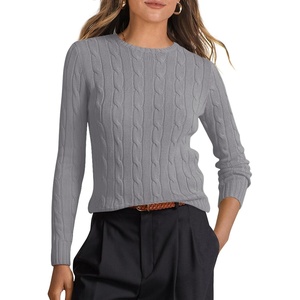 image:imageANRABESS Womens Long Sleeve Cable Knit Sweater Jumper Crewneck Pullover Soft Dressy Casual Tops Cute 2026 Fall Trendy OutfitsGrey