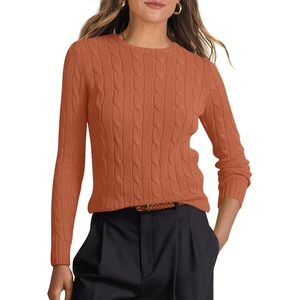image:imageANRABESS Womens Long Sleeve Cable Knit Sweater Jumper Crewneck Pullover Soft Dressy Casual Tops Cute 2026 Fall Trendy OutfitsRust