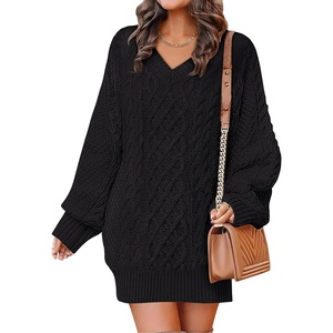 image:imageANRABESS Womens Long Sleeve V Neck Oversized Cable Knit Mini Sweater Dresses 2026 Winter Fall Trendy Pullover Tunic OutfitsBlack