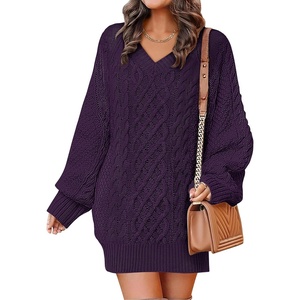 image:imageANRABESS Womens Long Sleeve V Neck Oversized Cable Knit Mini Sweater Dresses 2026 Winter Fall Trendy Pullover Tunic OutfitsPurple