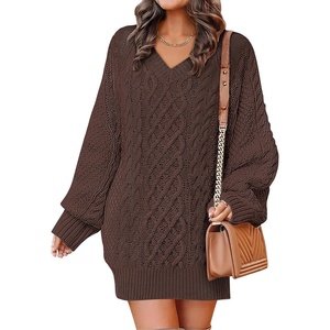 image:imageANRABESS Womens Long Sleeve V Neck Oversized Cable Knit Mini Sweater Dresses 2026 Winter Fall Trendy Pullover Tunic OutfitsRed Brown