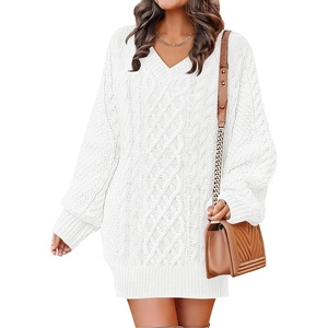 image:imageANRABESS Womens Long Sleeve V Neck Oversized Cable Knit Mini Sweater Dresses 2026 Winter Fall Trendy Pullover Tunic OutfitsWhite