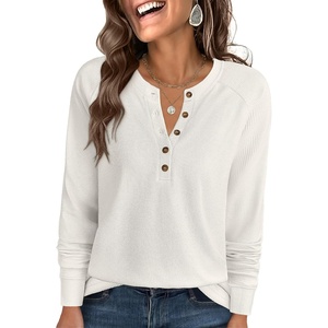 image:imageANRABESS Womens Long Sleeve Waffle Knit Shirts Dressy Casual Loose Button Up V Neck Henley Tops 2026 Fall Basic Tee BlouseBeige