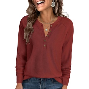 image:imageANRABESS Womens Long Sleeve Waffle Knit Shirts Dressy Casual Loose Button Up V Neck Henley Tops 2026 Fall Basic Tee BlouseBirck Red