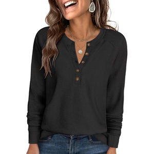 image:imageANRABESS Womens Long Sleeve Waffle Knit Shirts Dressy Casual Loose Button Up V Neck Henley Tops 2026 Fall Basic Tee BlouseBlack