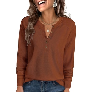 image:imageANRABESS Womens Long Sleeve Waffle Knit Shirts Dressy Casual Loose Button Up V Neck Henley Tops 2026 Fall Basic Tee BlouseBurnt Orange