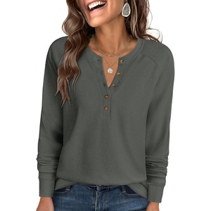 image:imageANRABESS Womens Long Sleeve Waffle Knit Shirts Dressy Casual Loose Button Up V Neck Henley Tops 2026 Fall Basic Tee BlouseDeep Army Green
