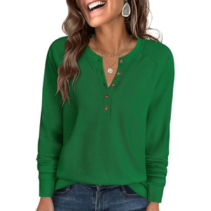 image:imageANRABESS Womens Long Sleeve Waffle Knit Shirts Dressy Casual Loose Button Up V Neck Henley Tops 2026 Fall Basic Tee BlouseGreen
