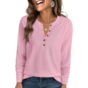 image:imageANRABESS Womens Long Sleeve Waffle Knit Shirts Dressy Casual Loose Button Up V Neck Henley Tops 2026 Fall Basic Tee BlouseLight Pink