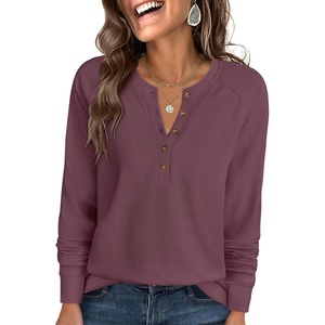 image:imageANRABESS Womens Long Sleeve Waffle Knit Shirts Dressy Casual Loose Button Up V Neck Henley Tops 2026 Fall Basic Tee BlouseMauve