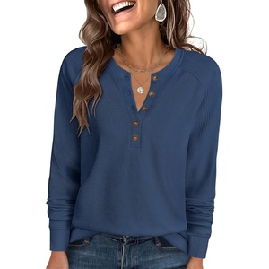 image:imageANRABESS Womens Long Sleeve Waffle Knit Shirts Dressy Casual Loose Button Up V Neck Henley Tops 2026 Fall Basic Tee BlouseNavy Blue