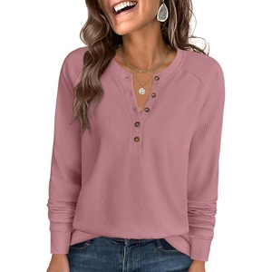 image:imageANRABESS Womens Long Sleeve Waffle Knit Shirts Dressy Casual Loose Button Up V Neck Henley Tops 2026 Fall Basic Tee BlousePink