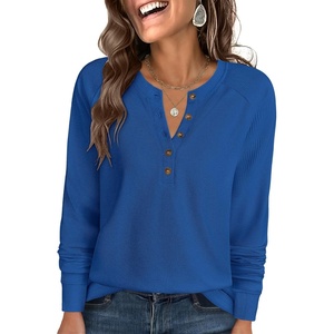 image:imageANRABESS Womens Long Sleeve Waffle Knit Shirts Dressy Casual Loose Button Up V Neck Henley Tops 2026 Fall Basic Tee BlouseRoyal Blue