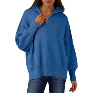image:imageANRABESS Womens Oversized Fashion Long Sleeve Quarter Zip Baggy Loose Slouchy Sweater Pullover Tops 2026 Fall OutfitsBlue