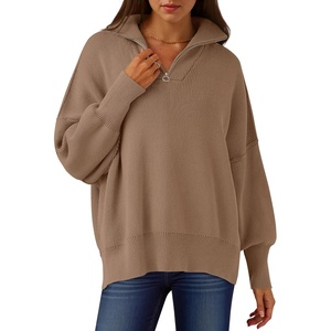 image:imageANRABESS Womens Oversized Fashion Long Sleeve Quarter Zip Baggy Loose Slouchy Sweater Pullover Tops 2026 Fall OutfitsBrown