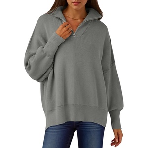 image:imageANRABESS Womens Oversized Fashion Long Sleeve Quarter Zip Baggy Loose Slouchy Sweater Pullover Tops 2026 Fall OutfitsDeep Gray