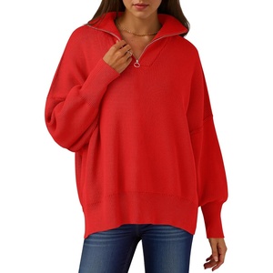 image:imageANRABESS Womens Oversized Fashion Long Sleeve Quarter Zip Baggy Loose Slouchy Sweater Pullover Tops 2026 Fall OutfitsRed
