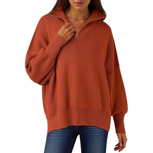 image:imageANRABESS Womens Oversized Fashion Long Sleeve Quarter Zip Baggy Loose Slouchy Sweater Pullover Tops 2026 Fall OutfitsRust
