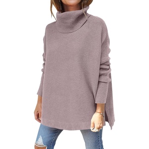 image:imageANRABESS Womens Oversized Turtleneck Batwing Sleeve Spilt Casual Loose Knit Tunic Pullover Sweater Tops 2026 Fall OutfitsAlmond