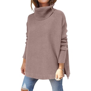 image:imageANRABESS Womens Oversized Turtleneck Batwing Sleeve Spilt Casual Loose Knit Tunic Pullover Sweater Tops 2026 Fall OutfitsBrown