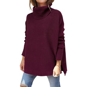 image:imageANRABESS Womens Oversized Turtleneck Batwing Sleeve Spilt Casual Loose Knit Tunic Pullover Sweater Tops 2026 Fall OutfitsWine Red