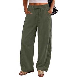 image:imageANRABESS Womens Striped Barrel Casual Pants 2026 Trendy Summer Elastic Drawstring Baggy Lounge Wide Leg Trousers with PocketsArmy Green White Stripe