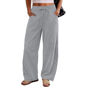 image:imageANRABESS Womens Striped Barrel Casual Pants 2026 Trendy Summer Elastic Drawstring Baggy Lounge Wide Leg Trousers with PocketsGrey White Stripe