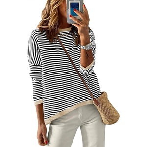 image:imageANRABESS Womens Striped Sweaters Long Sleeve Top Crewneck Color Block Casual Loose Knitted Pullover Shirts 2026 Fall OutfitsBlack White Apricot