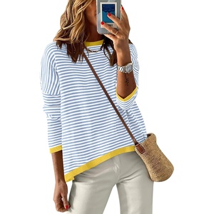 image:imageANRABESS Womens Striped Sweaters Long Sleeve Top Crewneck Color Block Casual Loose Knitted Pullover Shirts 2026 Fall OutfitsBlue White Yellow