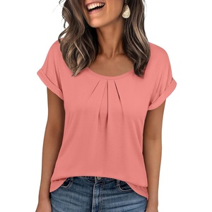 image:imageANRABESS Womens T Shirts Pleated amp Short Sleeve Summer Tops Business Casual Dressy Blouses 2026 Cute Fashion ClothesCoral Pink