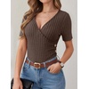 image:imageANRABESS Shirts for Women V Neck Short Sleeve Sexy Top Ribbed Slim Fit Dressy Casual 2026 Comfy Daily Wear amp Going OutChocolate Brown