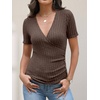 image:imageANRABESS Shirts for Women V Neck Short Sleeve Sexy Top Ribbed Slim Fit Dressy Casual 2026 Comfy Daily Wear amp Going OutChocolate Brown