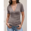 image:imageANRABESS Shirts for Women V Neck Short Sleeve Sexy Top Ribbed Slim Fit Dressy Casual 2026 Comfy Daily Wear amp Going OutCool Ash Brown