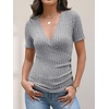 image:imageANRABESS Shirts for Women V Neck Short Sleeve Sexy Top Ribbed Slim Fit Dressy Casual 2026 Comfy Daily Wear amp Going OutGrey
