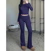 image:imageANRABESS Women 2 Piece Lounge SetCrop Top amp Fold Over Flare Pants Soft Stretch Fabric Matching Outfit for Yoga Casual WearNavy Blue