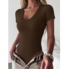 image:imageANRABESS Womens V Neck Bodysuits Short Sleeve Slim Fit Going Out Body Suit Tops 2026 Summer Outfits for Daily Work TravelCoffee
