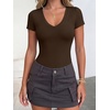 image:imageANRABESS Womens V Neck Bodysuits Short Sleeve Slim Fit Going Out Body Suit Tops 2026 Summer Outfits for Daily Work TravelCoffee