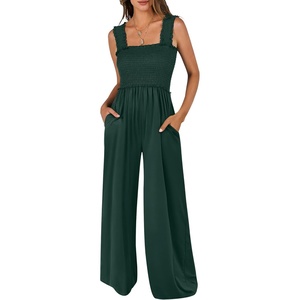 image:imageANRABESS Jumpsuits for Women Casual Smocked Sleeveless Wide Leg Comfy Rompers With Pockets Summer Vacation amp Dressy WearDeep Green
