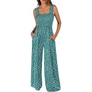 image:imageANRABESS Jumpsuits for Women Casual Smocked Sleeveless Wide Leg Comfy Rompers With Pockets Summer Vacation amp Dressy WearDeep Green Floral