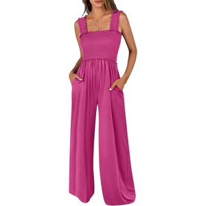 image:imageANRABESS Jumpsuits for Women Casual Smocked Sleeveless Wide Leg Comfy Rompers With Pockets Summer Vacation amp Dressy WearHot Pink