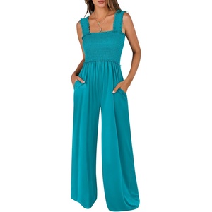 image:imageANRABESS Jumpsuits for Women Casual Smocked Sleeveless Wide Leg Comfy Rompers With Pockets Summer Vacation amp Dressy WearLake Green