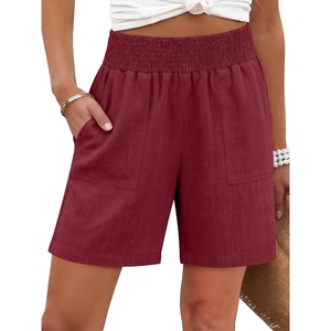 image:imageANRABESS Linen Shorts for Women Casual Summer High Waisted Wide Leg Lounge Beach Vacation Shorts with PocketsDeep Red