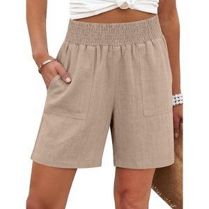 image:imageANRABESS Linen Shorts for Women Casual Summer High Waisted Wide Leg Lounge Beach Vacation Shorts with PocketsLight Khaki