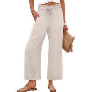 image:imageANRABESS Palazzo Pants for Women Summer Casual Flowy High Waist Wide Leg Capri Pants 2026 Loose Lounge Cropped Beach TrousersBeige