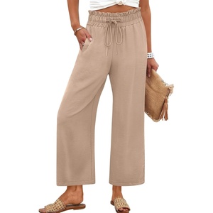 image:imageANRABESS Palazzo Pants for Women Summer Casual Flowy High Waist Wide Leg Capri Pants 2026 Loose Lounge Cropped Beach TrousersKhaki