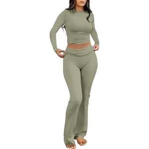 image:imageANRABESS Women 2 Piece Lounge SetCrop Top amp Fold Over Flare Pants Soft Stretch Fabric Matching Outfit for Yoga Casual WearArmy Green