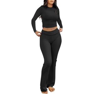 image:imageANRABESS Women 2 Piece Lounge SetCrop Top amp Fold Over Flare Pants Soft Stretch Fabric Matching Outfit for Yoga Casual WearBlack