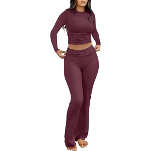 image:imageANRABESS Women 2 Piece Lounge SetCrop Top amp Fold Over Flare Pants Soft Stretch Fabric Matching Outfit for Yoga Casual WearBurgundy