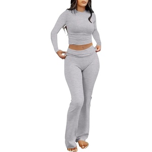 image:imageANRABESS Women 2 Piece Lounge SetCrop Top amp Fold Over Flare Pants Soft Stretch Fabric Matching Outfit for Yoga Casual WearGrey