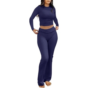 image:imageANRABESS Women 2 Piece Lounge SetCrop Top amp Fold Over Flare Pants Soft Stretch Fabric Matching Outfit for Yoga Casual WearNavy Blue